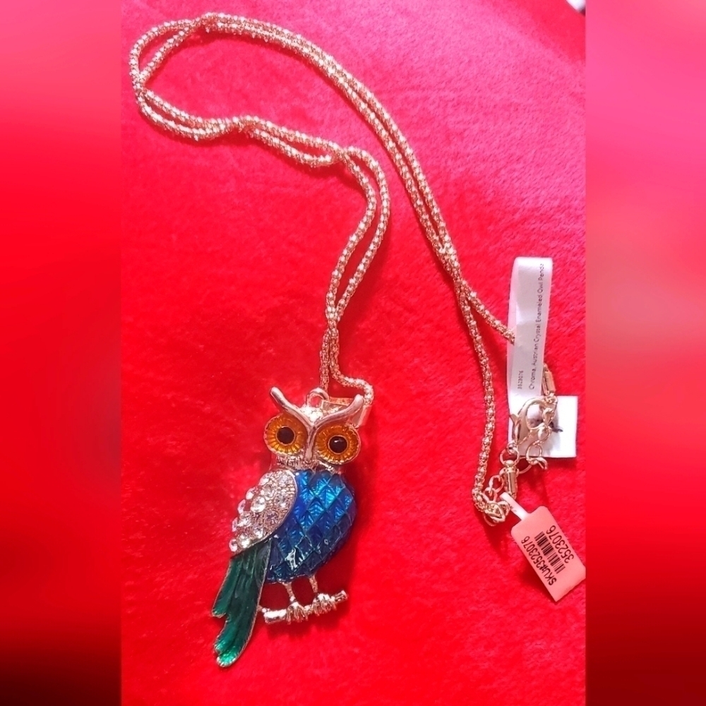 Enameled & Austrian Crystal Owl with 24in Snake Chain